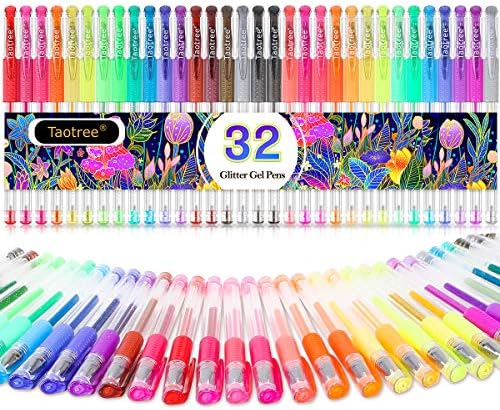 Glitter Gel Pens, 32-Color Neon Glitter Pens Fine Tip Art Markers Set 40% More Ink Colored Gel Pens for Adult Coloring Book, Drawing, Doodling, Scrapbook, Journaling, Sparkle Gel Pen Gift for Kids