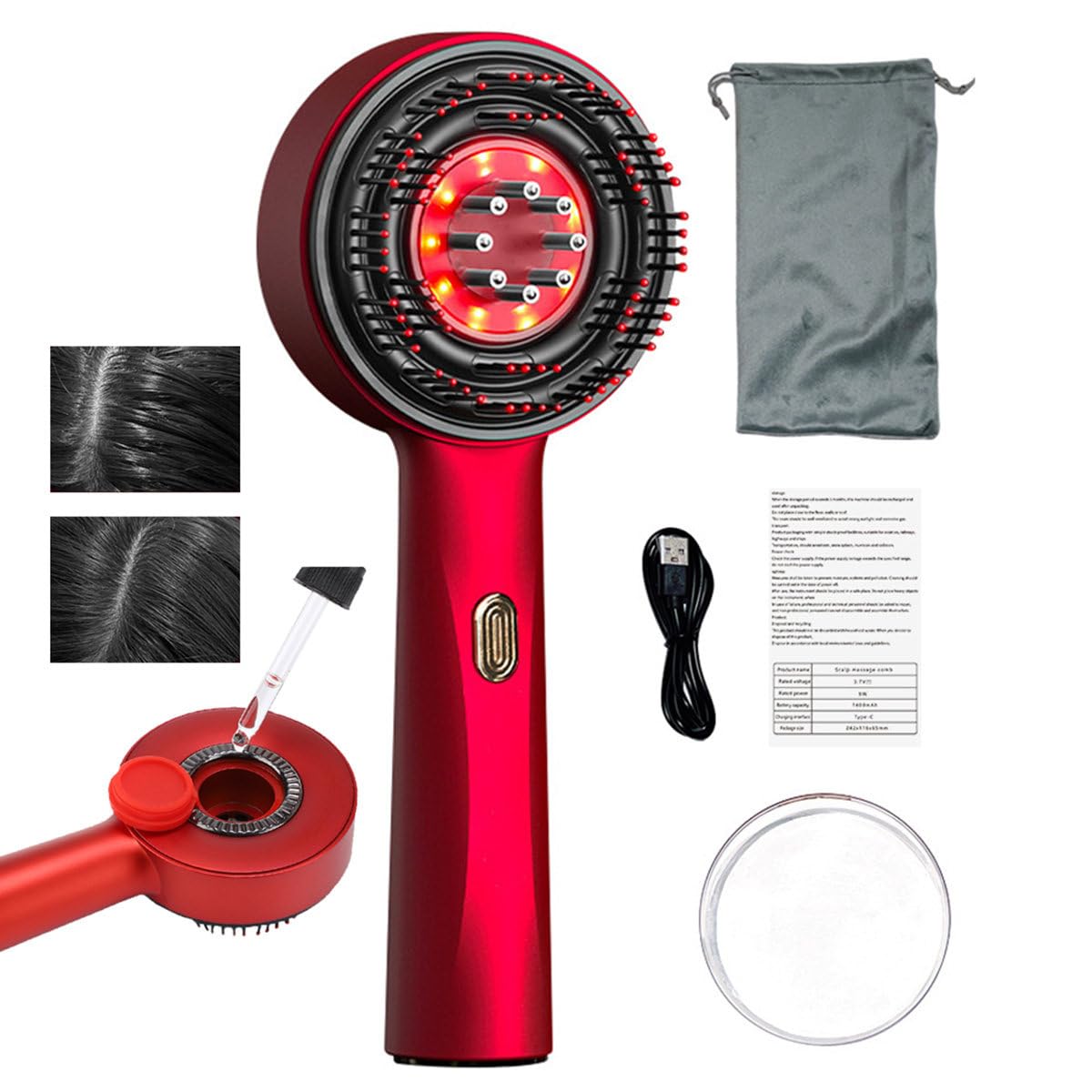 Peigne De Massage éLectrique Du Cuir Chevelu 3 Modes, Masseur De Cuir Chevelu Shiatsu,Applicateur Huile Cheveux, Pour Stimuler La Pousse Des Cheveux, 72 Dents Rondes + 8 Boules Roulantes,Red