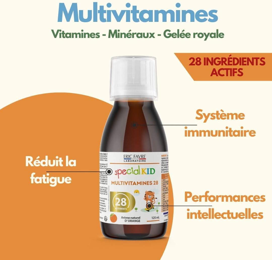 SPECIAL KID MULTIVITAMINES 28 - Croissance & Développement Osseux - 125 ml - Vitamines A, B, C, D3, E, Calcium, Magnésium, Zinc, Fer - Saveur Orange - Bouchon Doseur - Lot 3 - Eric Favre Laboratoire