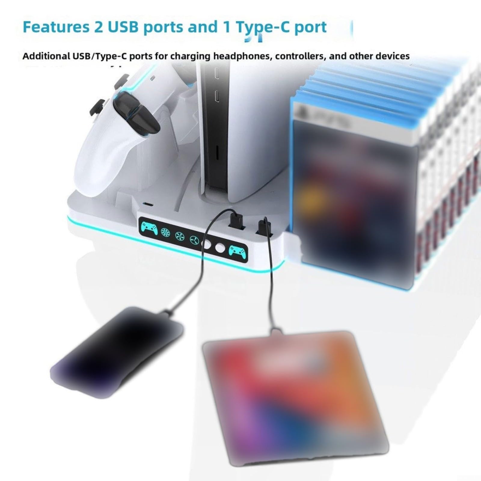 Manette Station de charge pour Slim Pro Multi Charging avec crochet pour casque Support disque Ports USB RGB LED Gaming Accessoires Stand (noir)
