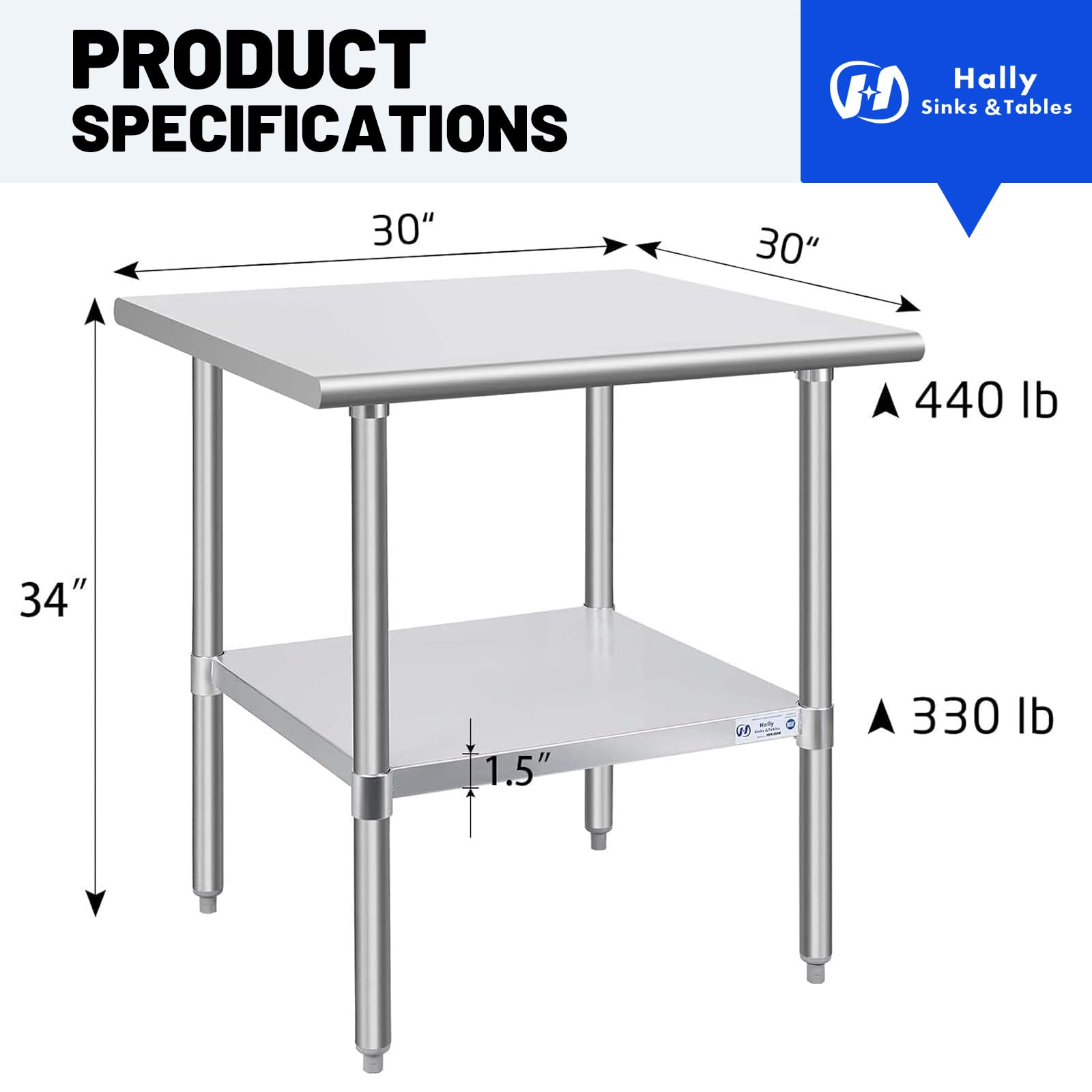 Hally Tavolo in acciaio inox 76,2 x 76,2 cm, stazione di lavoro commerciale