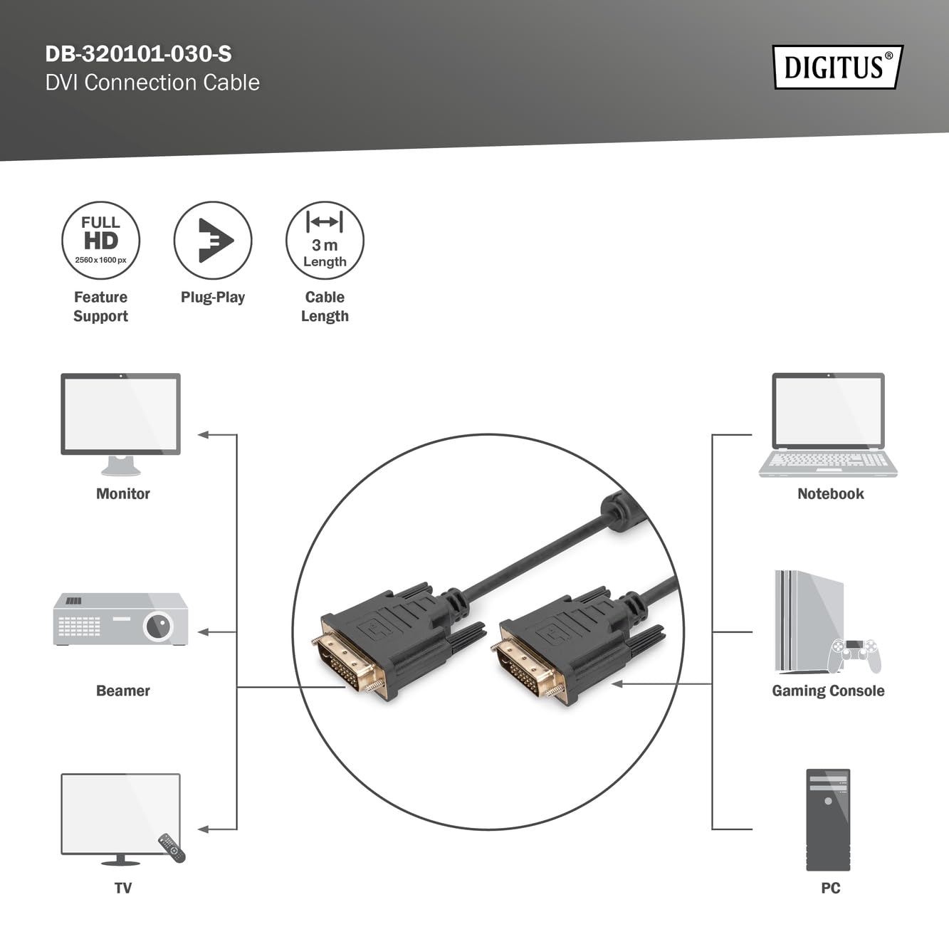 DIGITUS Cavo di Collegamento DVI, DVI(24+1), 2X ferrit M/M, 3,0 m, DVI-D Dual Link, Nero