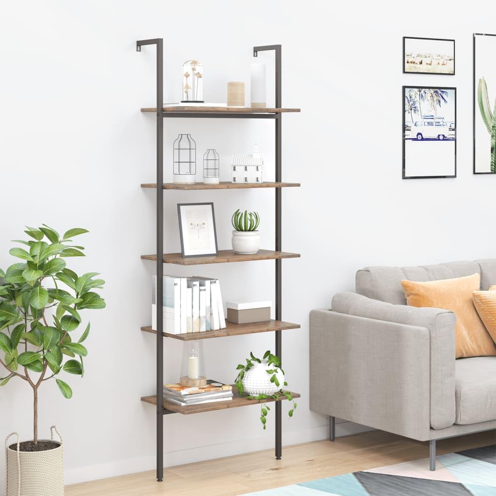 Fengshui Regał z 5 półkami, regał stalowy 64 x 35 x 185 cm, ciemnobrązowy i czarny, regał drabinkowy z 5 półkami na książki, rośliny i dekoracje, wytrzymała konstrukcja stalowa, oszczędność miejsca