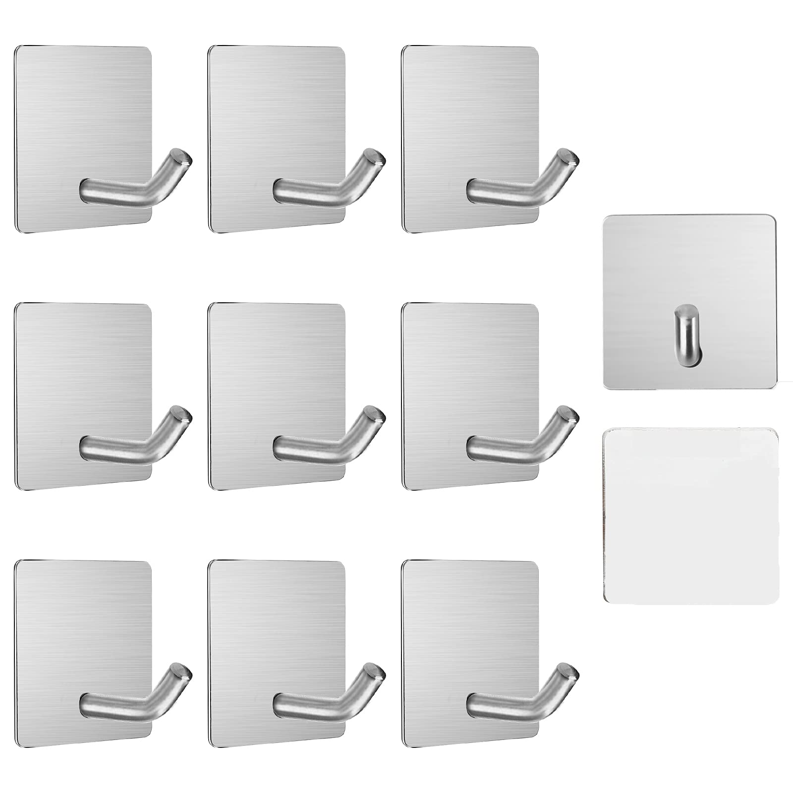 JatilEr Self Adhesive Hooks, 10PCS Stainless Steel Hanging Hooks, Heavy Duty Stick on Wall Hanger without Nail Strong Coat Towel Hat Door Hook Anti-Rust Waterproof for Bathroom Kitchen Lavatory Closet