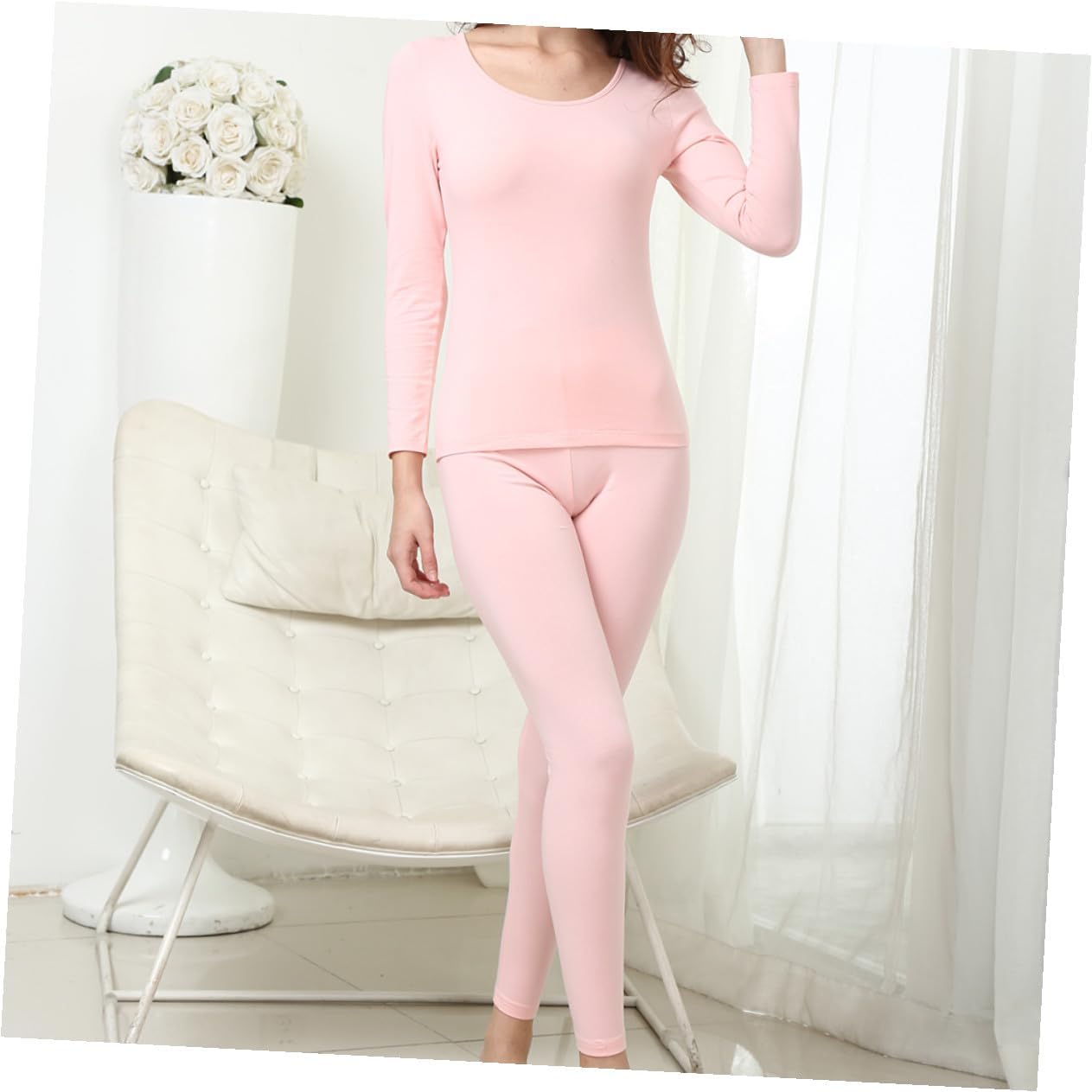 Women’s Thermal Underwear Set Long Johns Cotton Base Layer Pink M Size Winter Warm Bottoms and Tops for Cold Weather