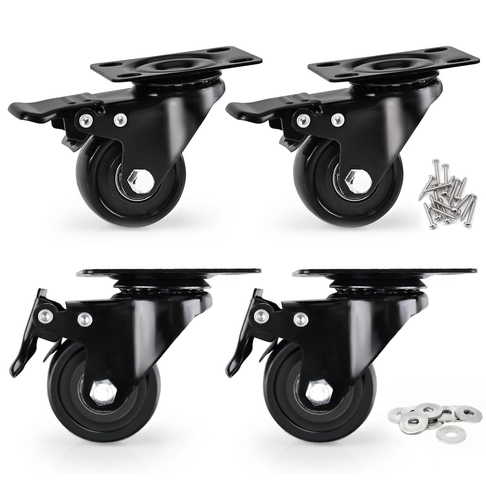 Caster Wheels, Heavy Duty 2 Inch Casters Set of 4, Locking Swivel Casters Wheels for Cart, Furniture and Workbench, Black