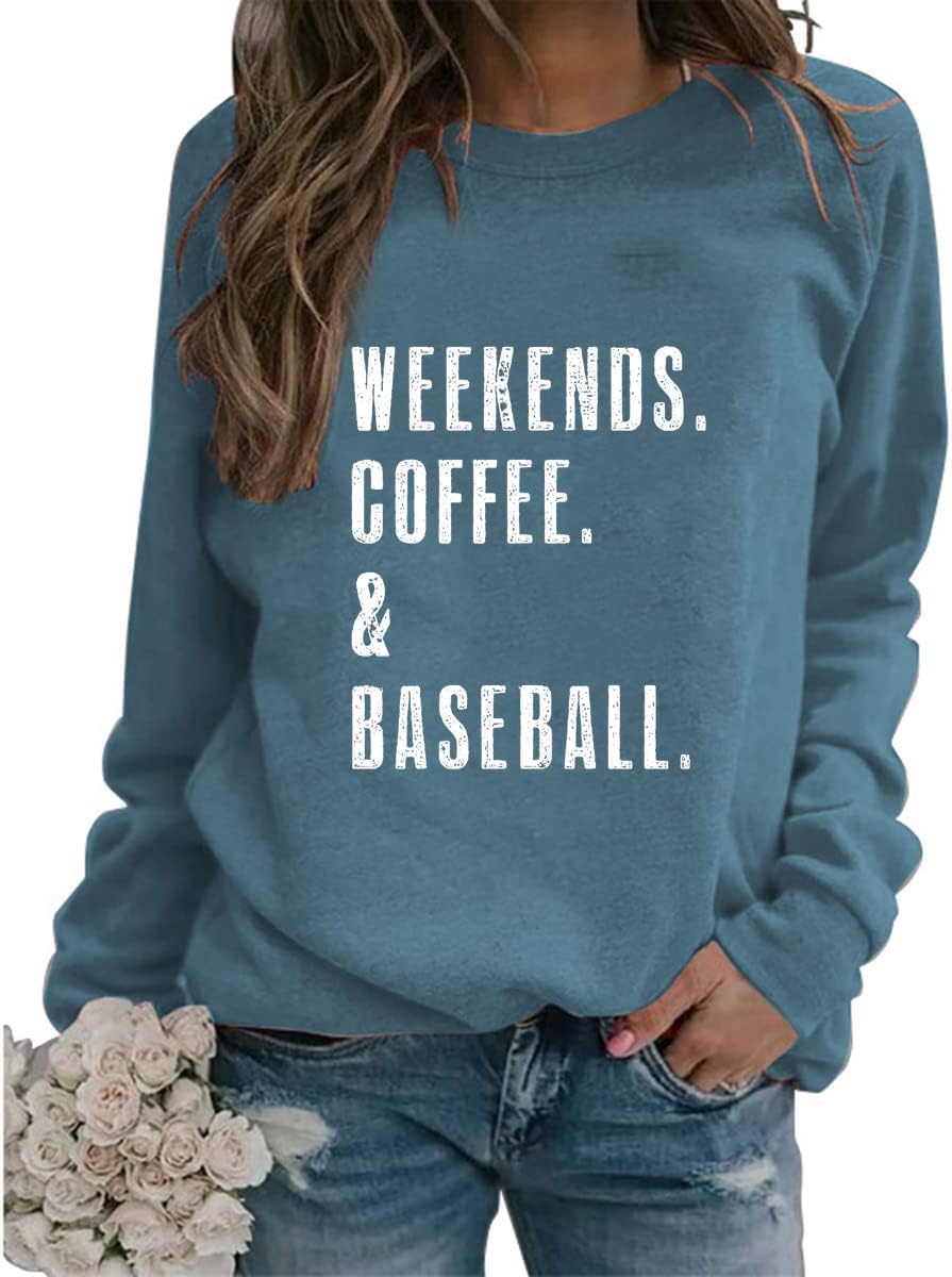 Weekends Coffee Baseball SweatShirt Women Baseball Mom Shirt Crew Neck Long Sleeve Funny Pullovers Tops with Sayings