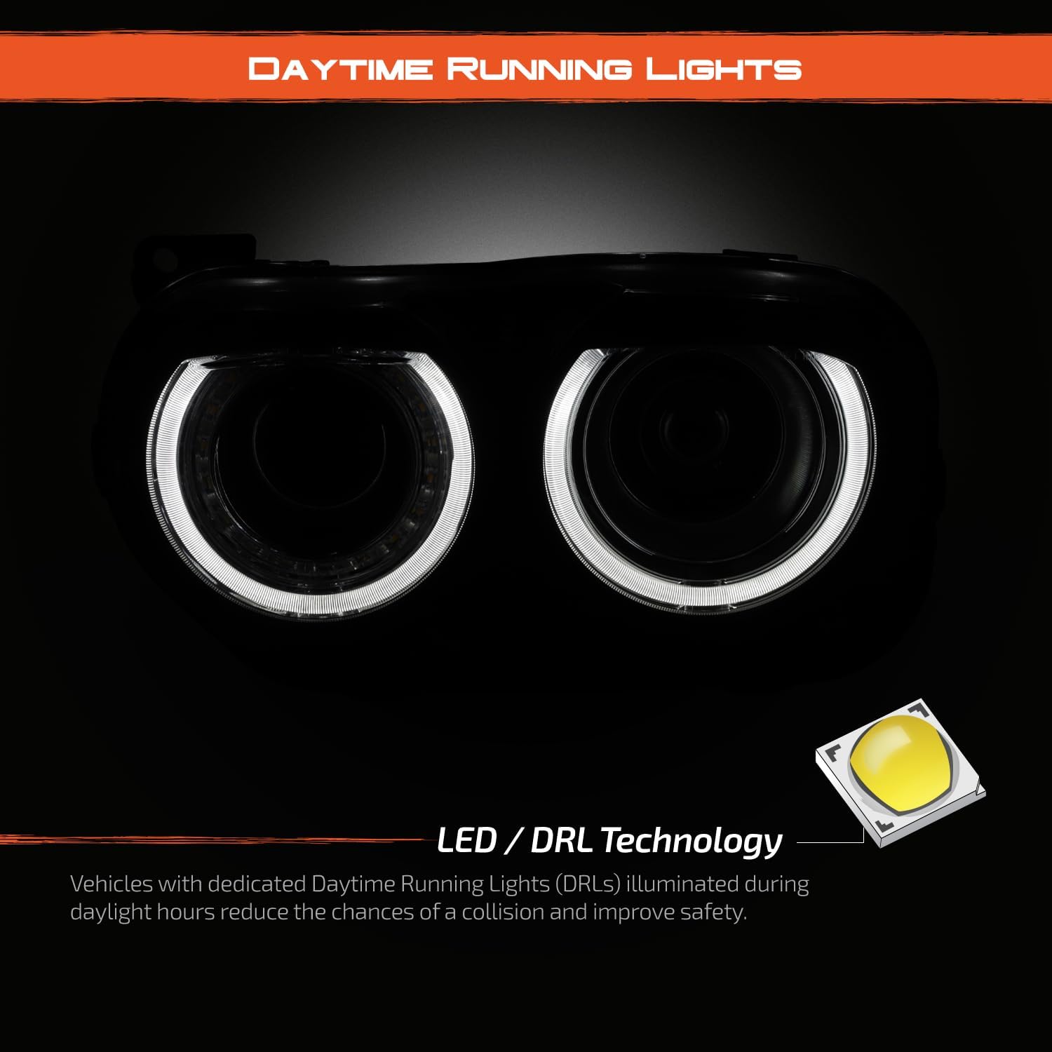 AKKON - Fit 2015-2020 Dodge Challenger Halogen Type Dual Beam Switchback w/LED DRL Projector Headlight Driver + Passenger Set