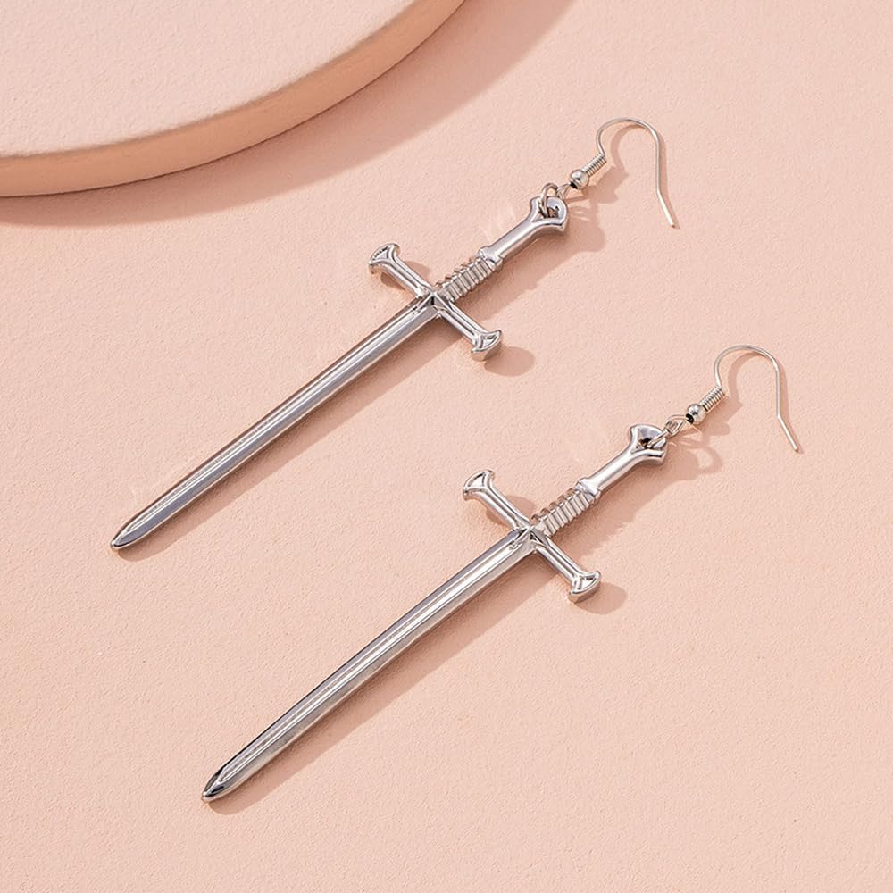 2 Pairs Gothic Dagger Sword Earrings Retro Long Sword Hook Earrings Punk Knife Dangle Drop Earrings for Women - Silver Black - Image 3