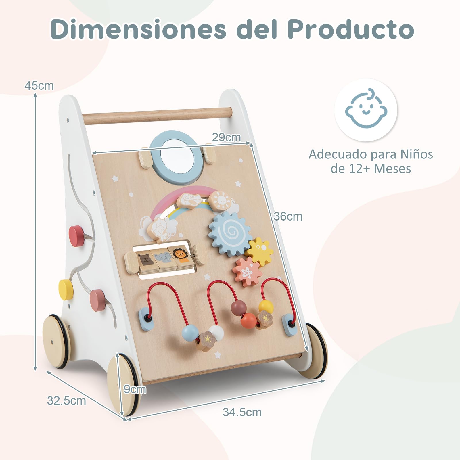 RELAX4LIFE 7 en 1 Andador Bebes de Madera, Parque Infantil Bebe con 7 Juguetes Interactivos y Espacio de Almacenaje, Correpasillos Bebe, Juguete Montessori para Bebés 12+ Meses, 34,5x32,5x45cm, Blanco