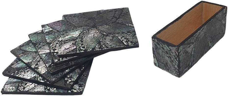 VIE Naturals Capiz Inlay Square Coasters, Set of 6, 10x10cm with Box, Black/Silver