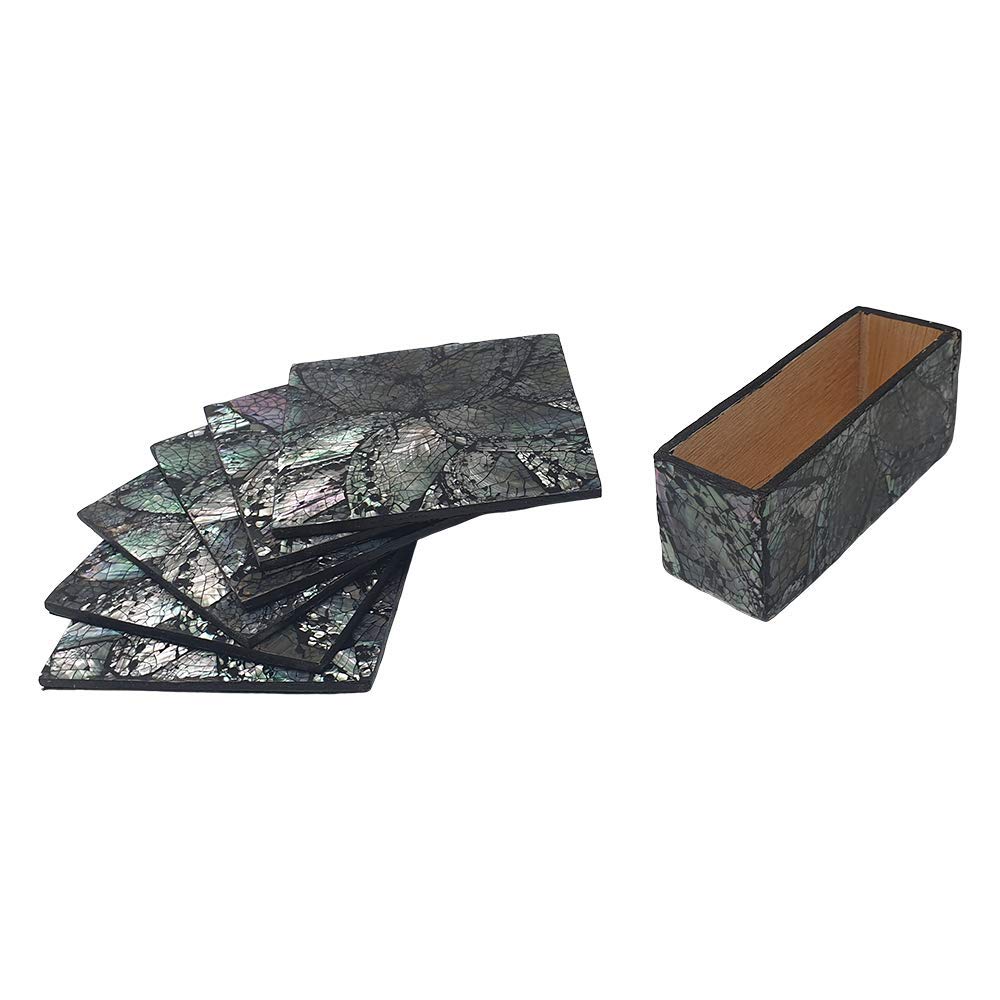 VIE Naturals Capiz Inlay Square Coasters, Set of 6, 10x10cm with Box, Black/Silver