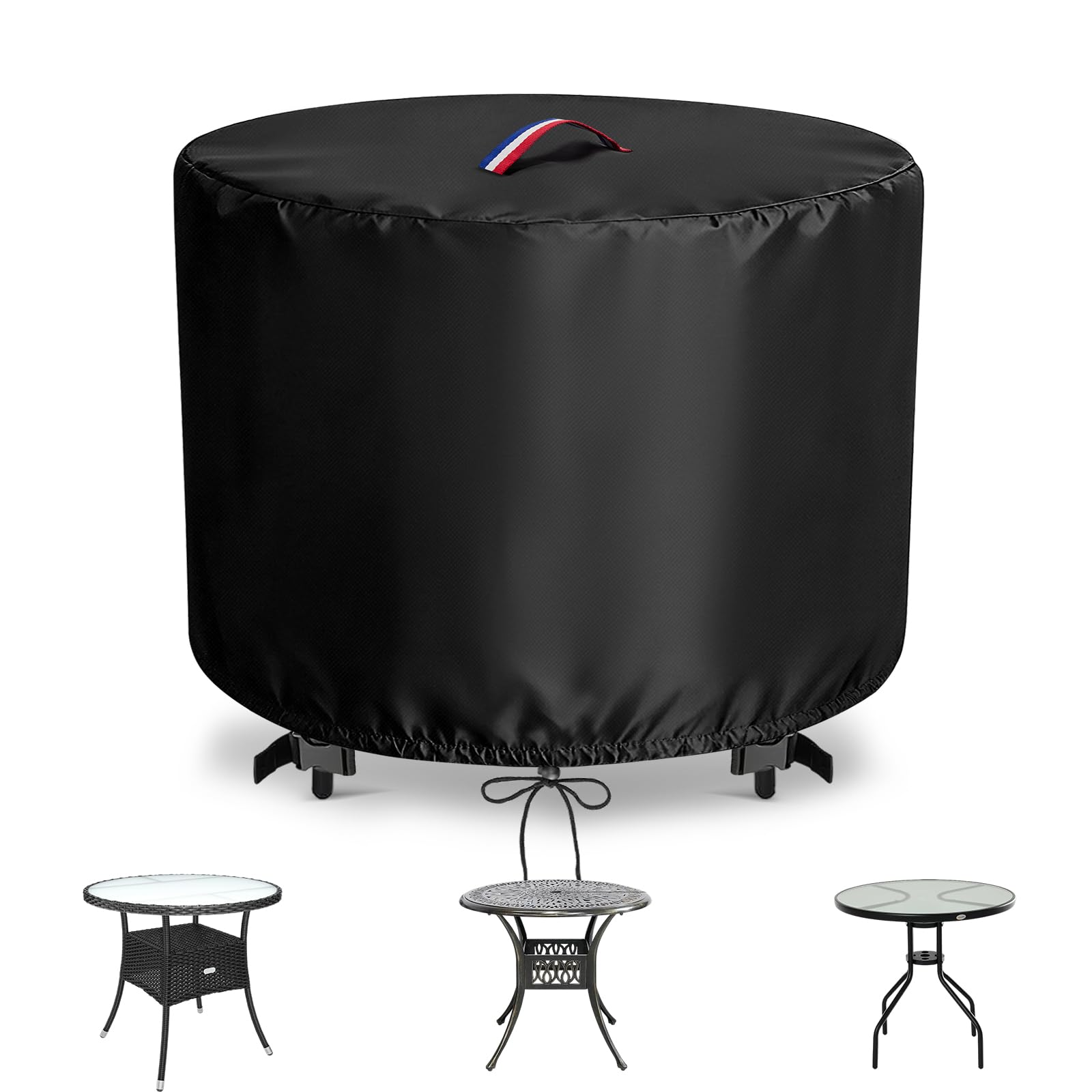 Flymer Garden Table Cover Round, 92 x 71 cm 500D Heavy Duty Outdoor Coffee Table Cover with Handle, Patio Bistro Set Covers Waterproof for Bar Tables, Dining Tables, Black