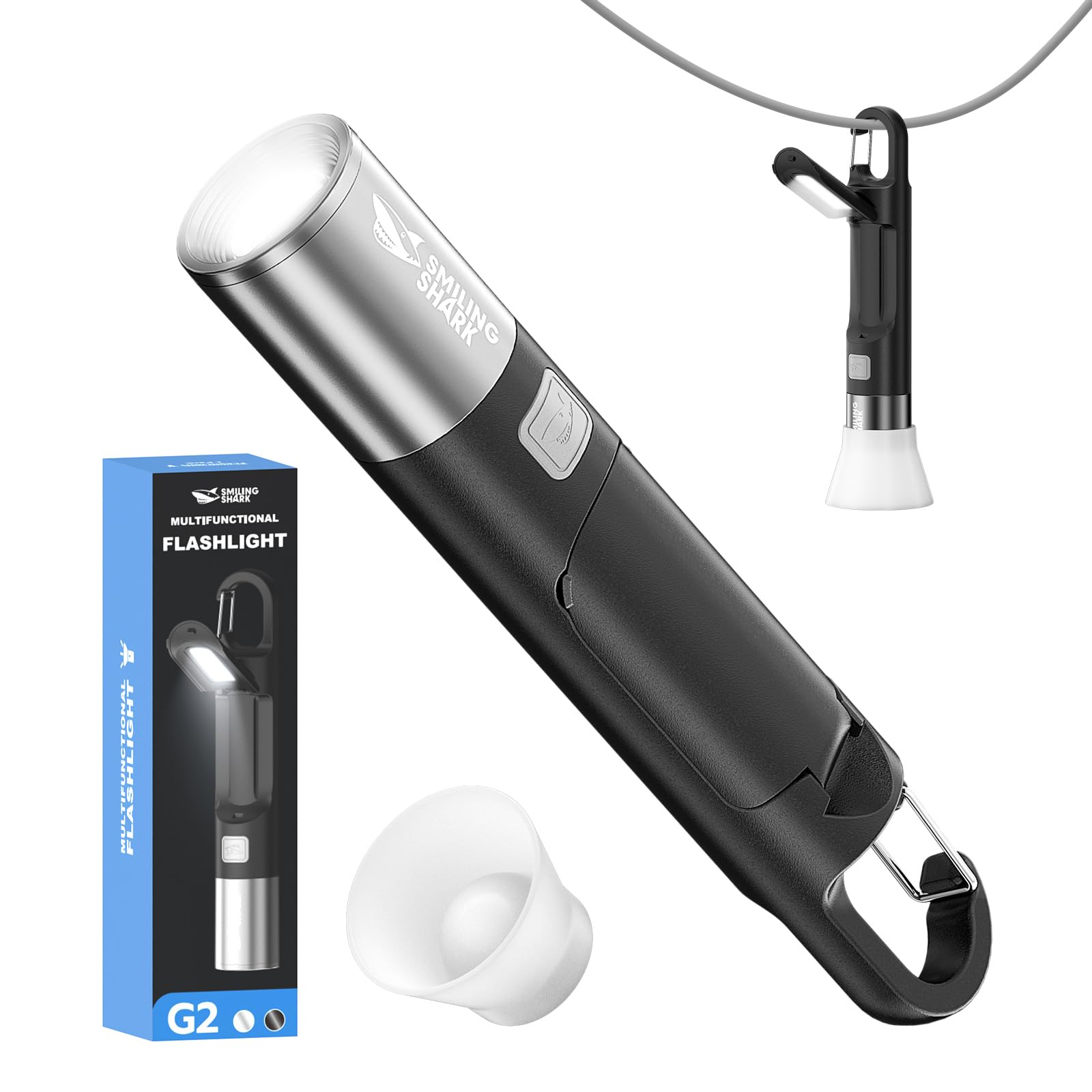 Smiling Shark LED Flashlight, G2 Small Flashlights Powerful Rechargeable with COB Sidelight & Hook and Diffuser 3 Mode Zoomable Multi Functional
