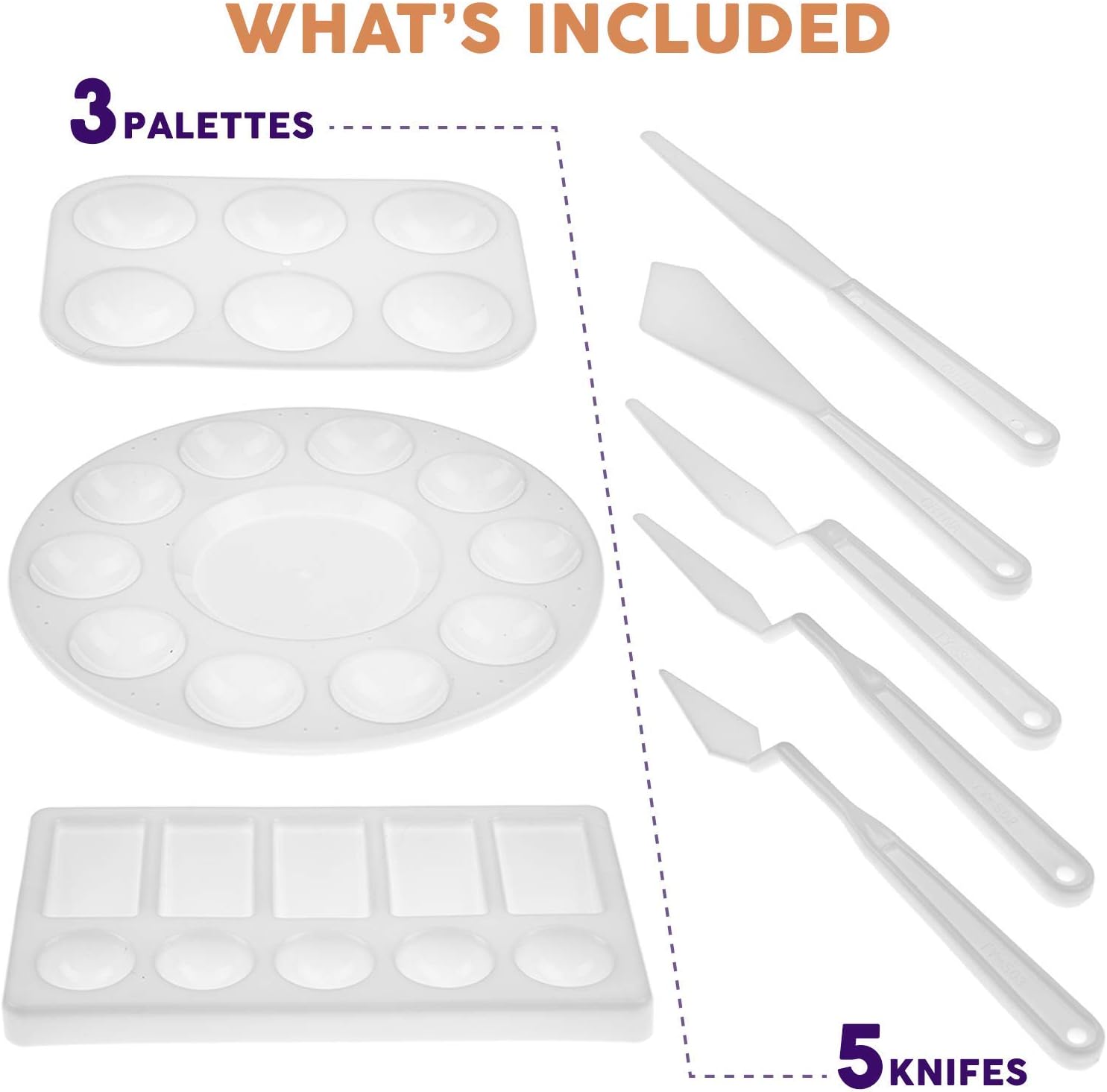 Glokers Paint Palette and Painting Knife Set - 3 Paint Trays and 5 Paint Knives - Suitable for All Kinds of Paint - Professional Art Supplies for Adults and Kids