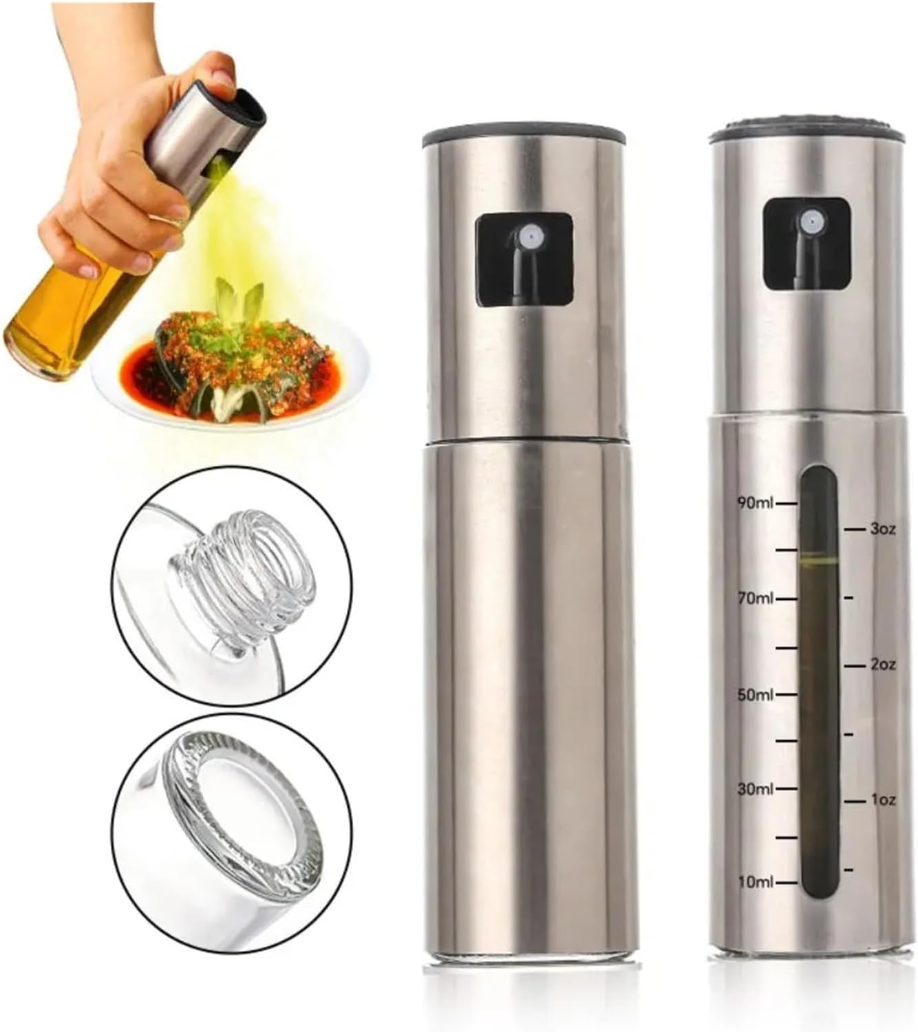 100ml Portable Oil Sprayer, Stainless Steel Cooking Oil Sprayer for Kitchen, Reusable Vinegar Bottle with Fine Mist Spray(Silver)