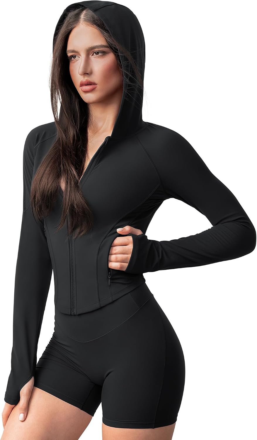 Womens Hooded Workout Jackets with Pockets Zip Up Cropped Athletic Jacket