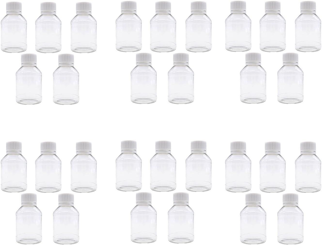 TRENDBOX Pack of 30-100ml Clear Empty PET Mini Storage Bottles Hard Plastic Durable Turn Screw Cover Cap Round Filling Liquid Rhinestones Water Container