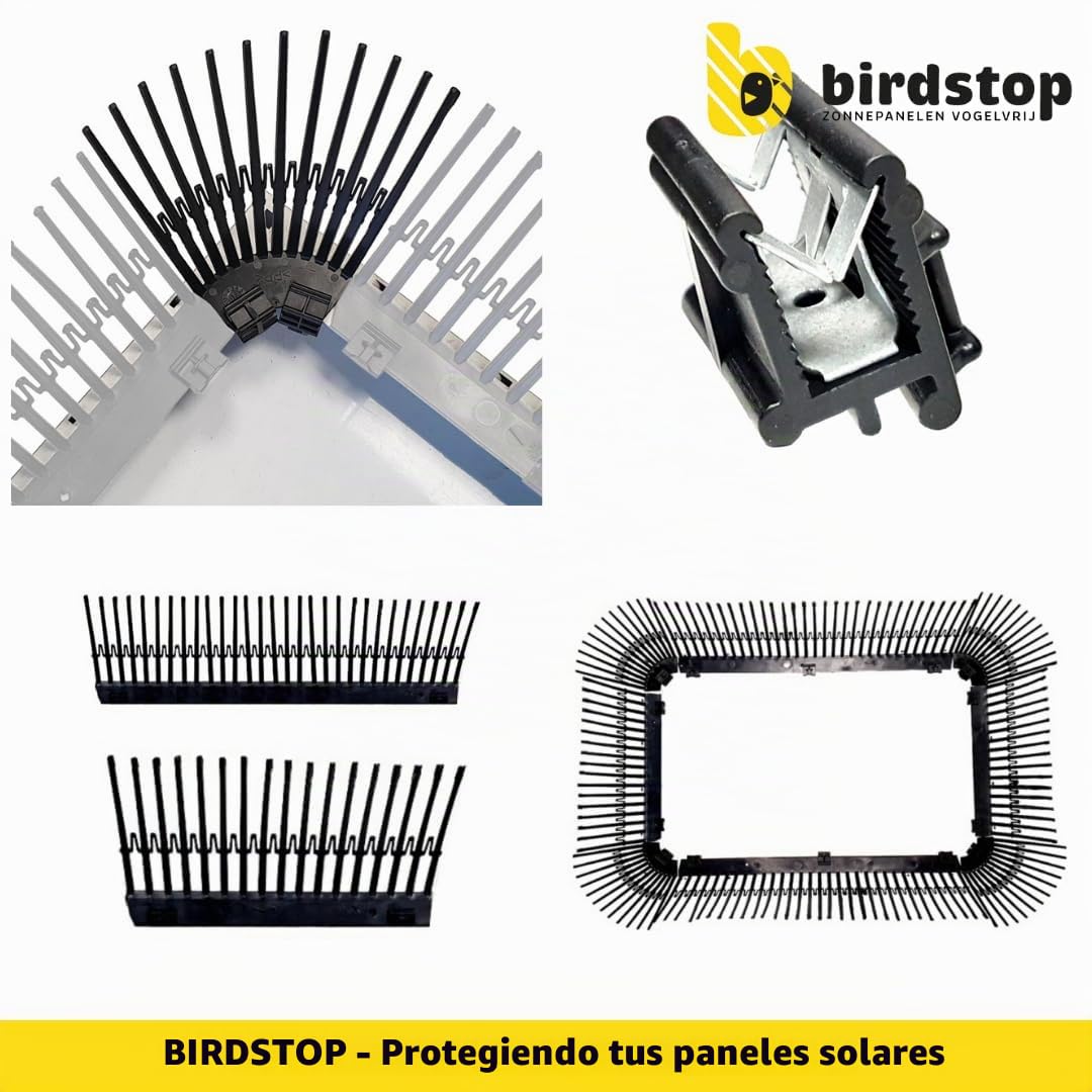 Set de protección solar Birdstop XL, sistema de energía fotovoltaica para repeler palomas - Protección solar contra aves y palomas - 30 metros, 18 cm de altura, 4 piezas de esquina y fijación
