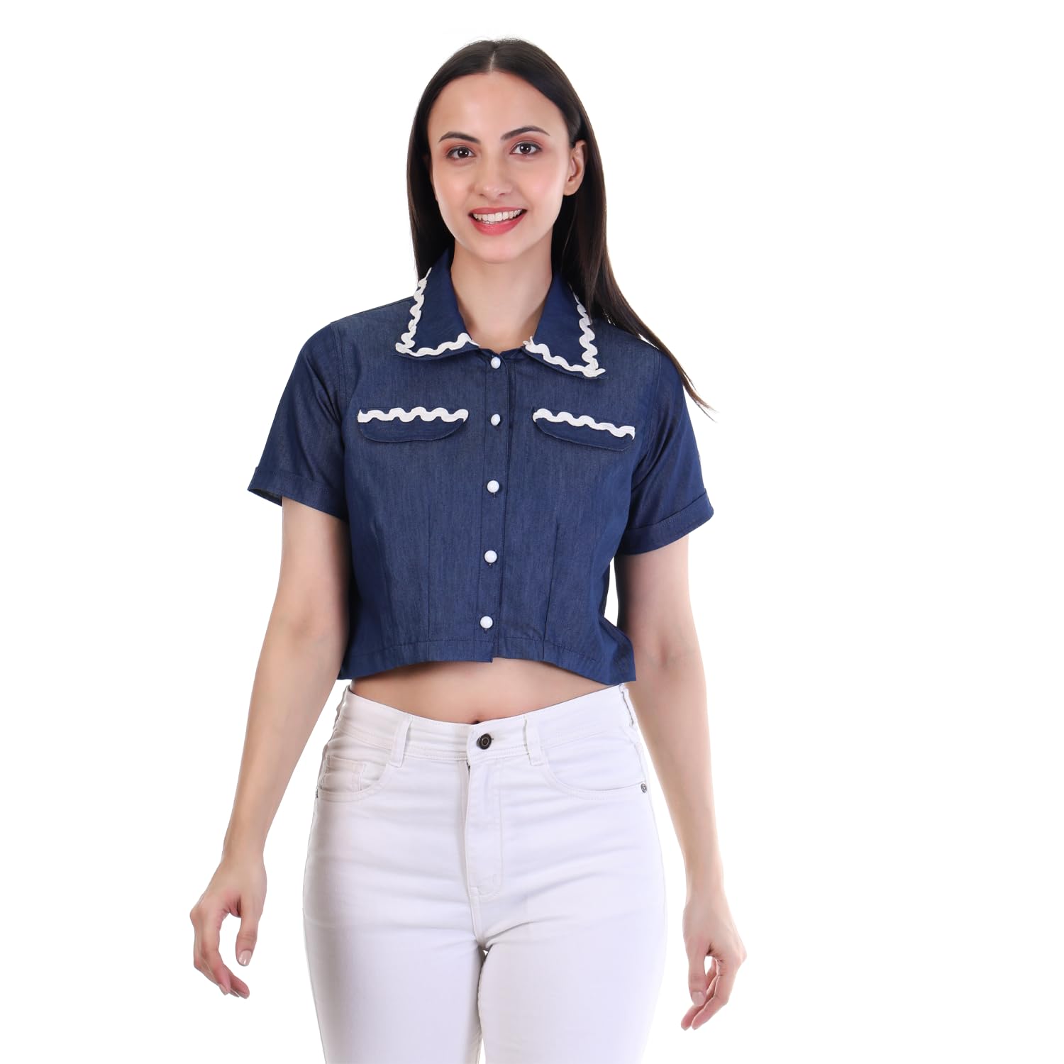 yesten Women’s Dark Blue Denim Flap Crop Top – Regular Fit Non-Stretch Shirt Neck Half Sleeve Casual Office Wear Trendy Western Top for Festive & Daily Fashion-picture-17