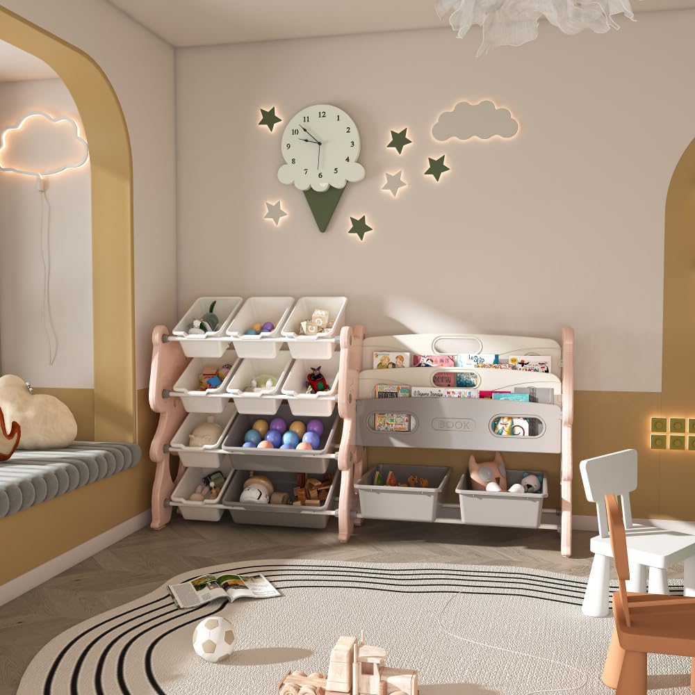 Toy Storage Organizer, Pink Kids Bookshelf and Toy Cabinet with 2-Tier Shelf, 12 Toy Bins, Playroom Storage Shelf for Bedroom Classroom Kids Room