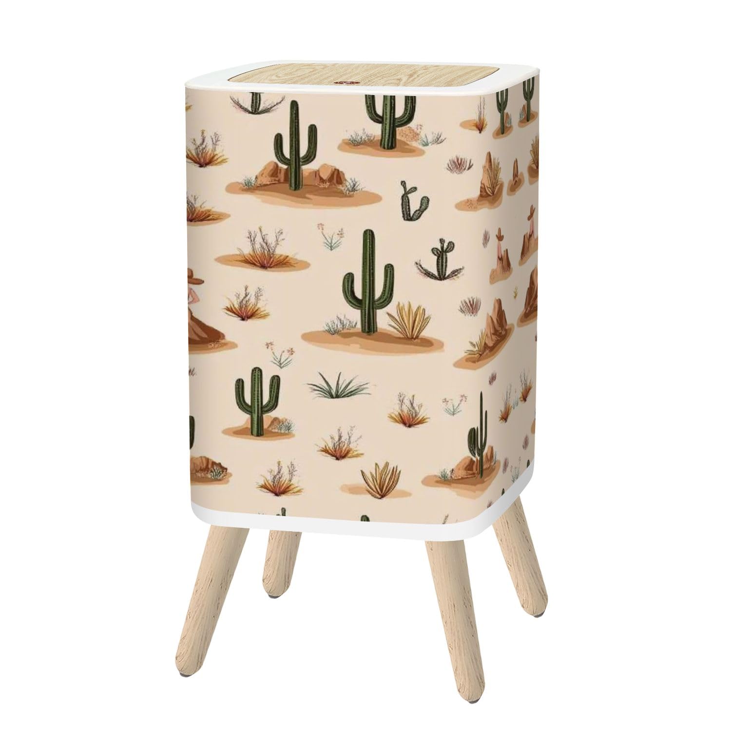 Small Trash Can with Lid Tropical summer Desert pattern mixed for cactus mountain dessert 2.6 Gallon/10L Garbage Can Waste Bin with Pop-Up Lid Wood Legs Wastebasket for Bathroom Kitchen Bedroom