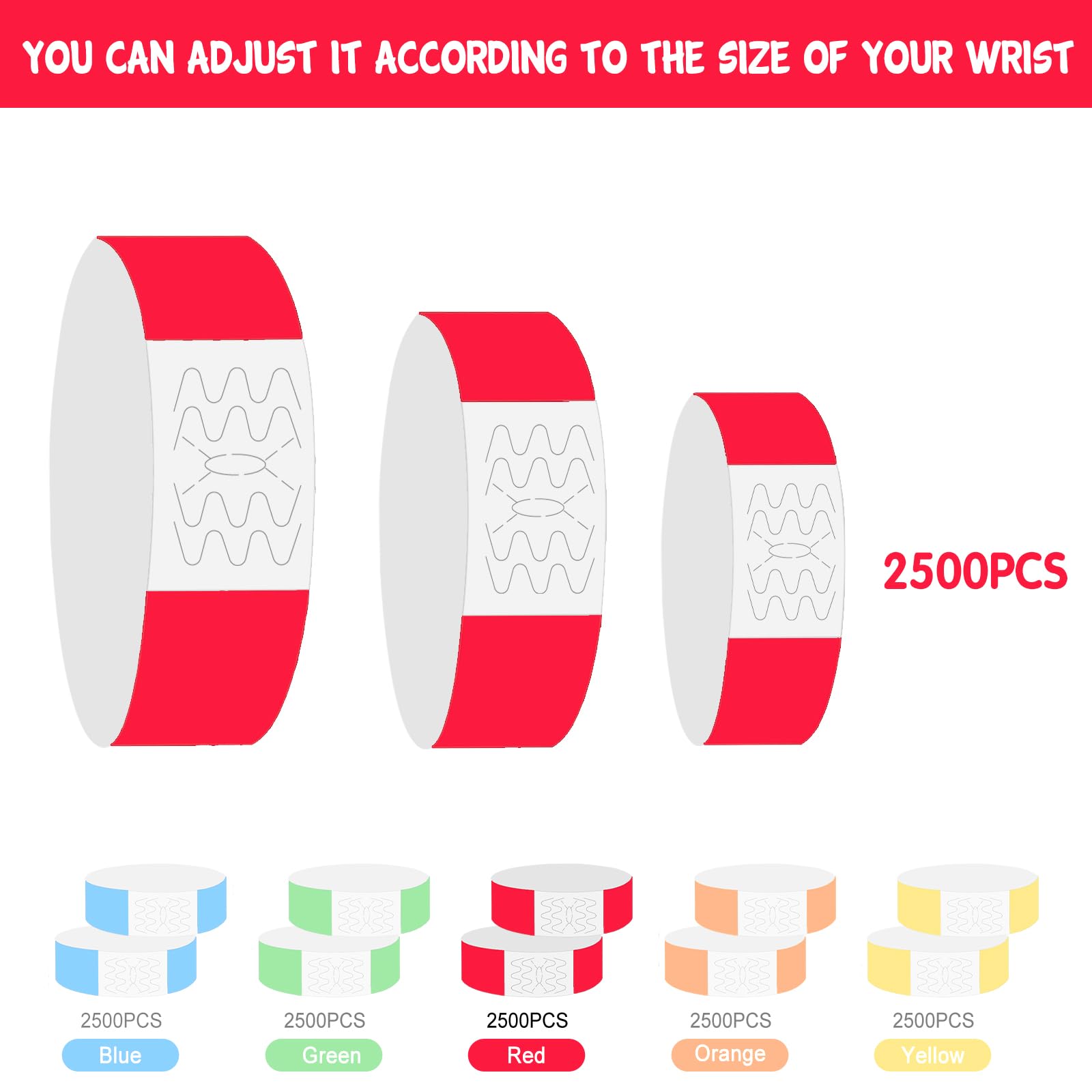 Tyvek - Pulseras para eventos – 2500 muñequeras impermeables de neón para eventos, conciertos, admisión a festivales, fiestas (rojo)