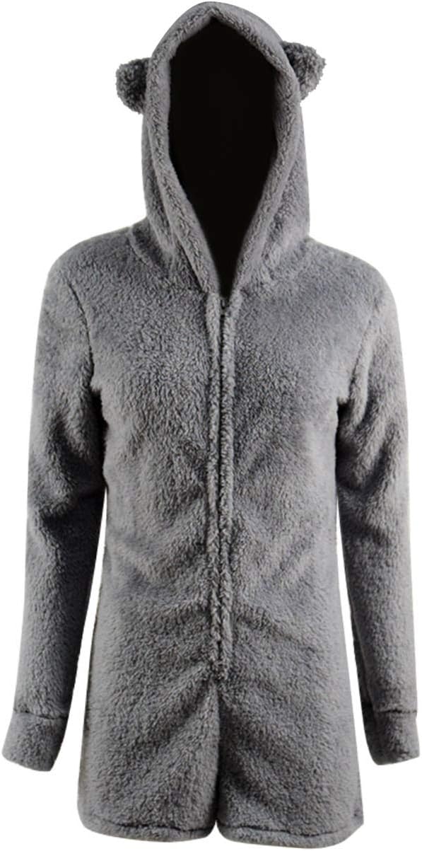 Missfamo Ladies Cute Long Sleeve Sleepwear Fleece Hooded Cozy Sherpa Romper Fluffy Pajamas Short