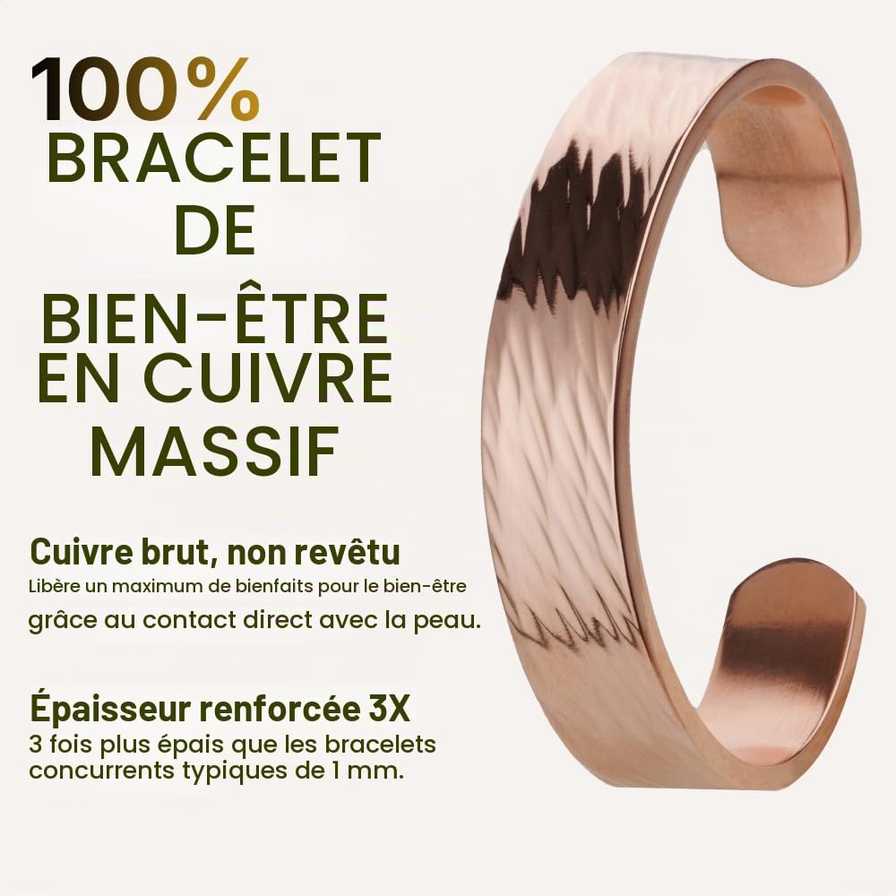DEMMEX Bracelet en cuivre turc pur de 3 mm d'épaisseur, solide, sans revêtement, non magnétique, épaisseur de cuivre de 1/8", plus épais de son genre et une pièce accrocheuse, automne 2024, unisexe