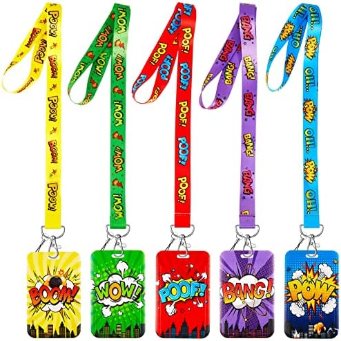 5 Sets Colored Hero ID Badge Holder with Lanyard Detachable Lanyard with Cute ID Card Holder Silky Strap Neck Lanyard ID Holder Clip Clasp Hard ID Name Lanyard Case for School Kids Boys Students Teens