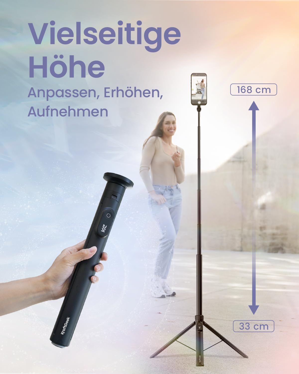 KraftGeek 168cm Handy Stativ Kompatibel mit MagSafe, Automatischer Selfie Stick mit Abnehmbarer Fernbedienung, Ausziehbares Tripod Stativ für Smartphone Kompatibel mit iPhone/Samsung/Android, Schwarz