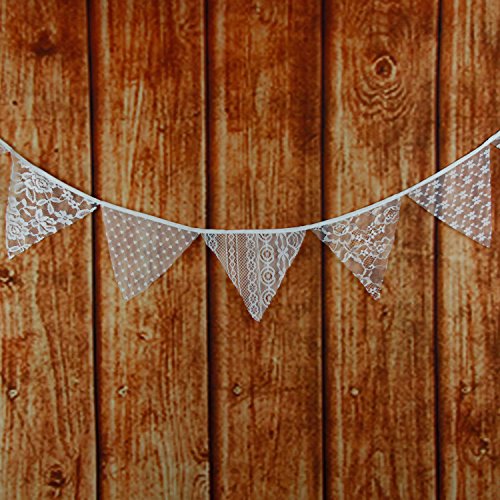 Image of LOVENJOY White Floral Lace Pennant Banner, Fabric Triangle Lace Bunting Flag Garland - 10.8 Feet (Pack of 3)