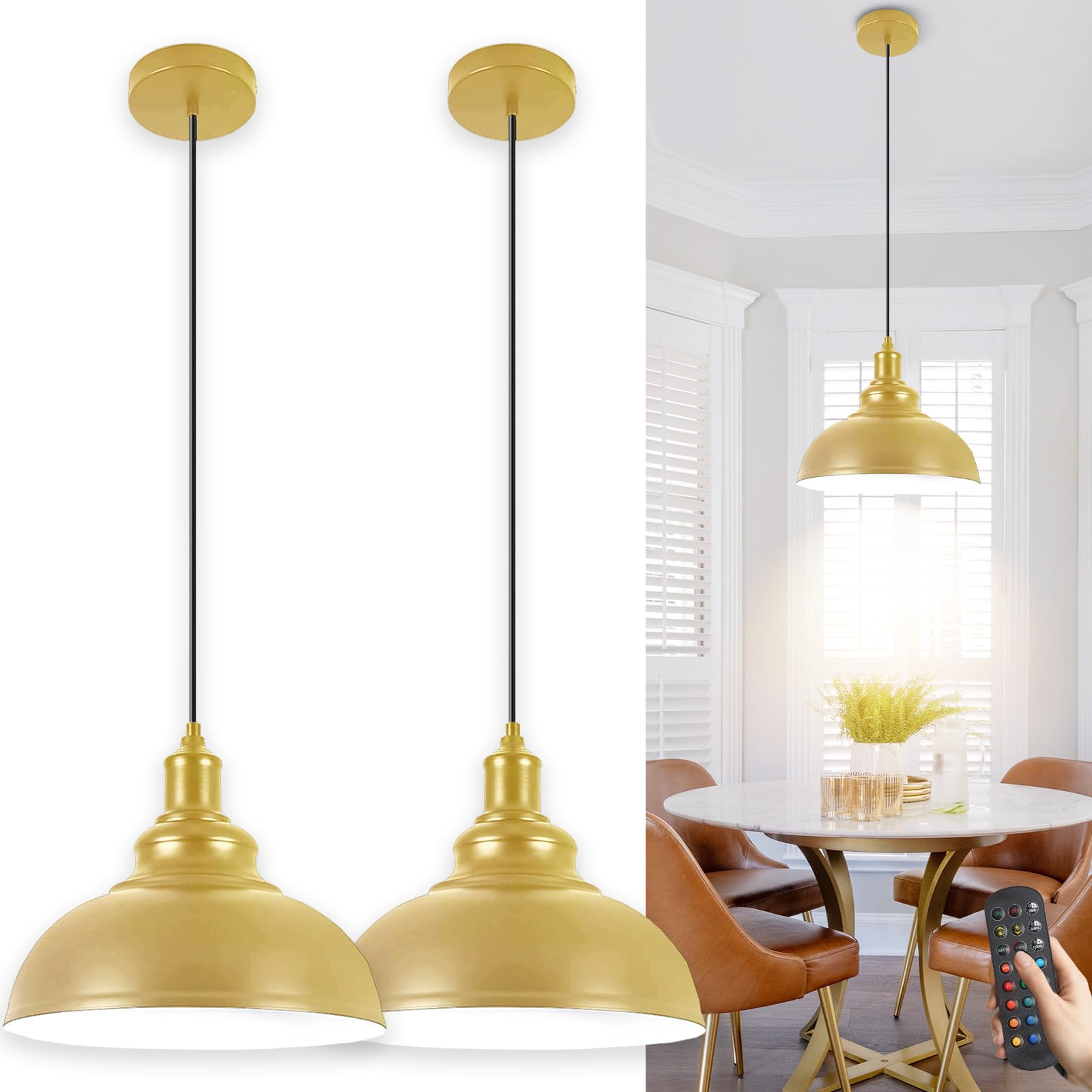Battery Operated Pendant Lights, 2 Pack Rechargeable Pendant Light with Remote, Gold Pendant Light Fixtures for Kitchen Island, Modern Industrial
