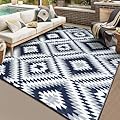 Outdoor Rug 5' x 8' Waterproof for Patio Clearance, Foldable Reversible Patio Rug Carpet, Large Plastic Straw Area Rugs Boho Outside Mat for Rv Camping Deck Porch Picnic Beach Balcony, Grey & Blue