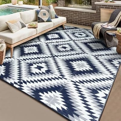 Outdoor Rug 5' x 8' Waterproof for Patio Clearance, Foldable Reversible Patio Rug Carpet, Large Plastic Straw Area Rugs Boho Outside Mat for Rv Camping Deck Porch Picnic Beach Balcony, Grey & Blue