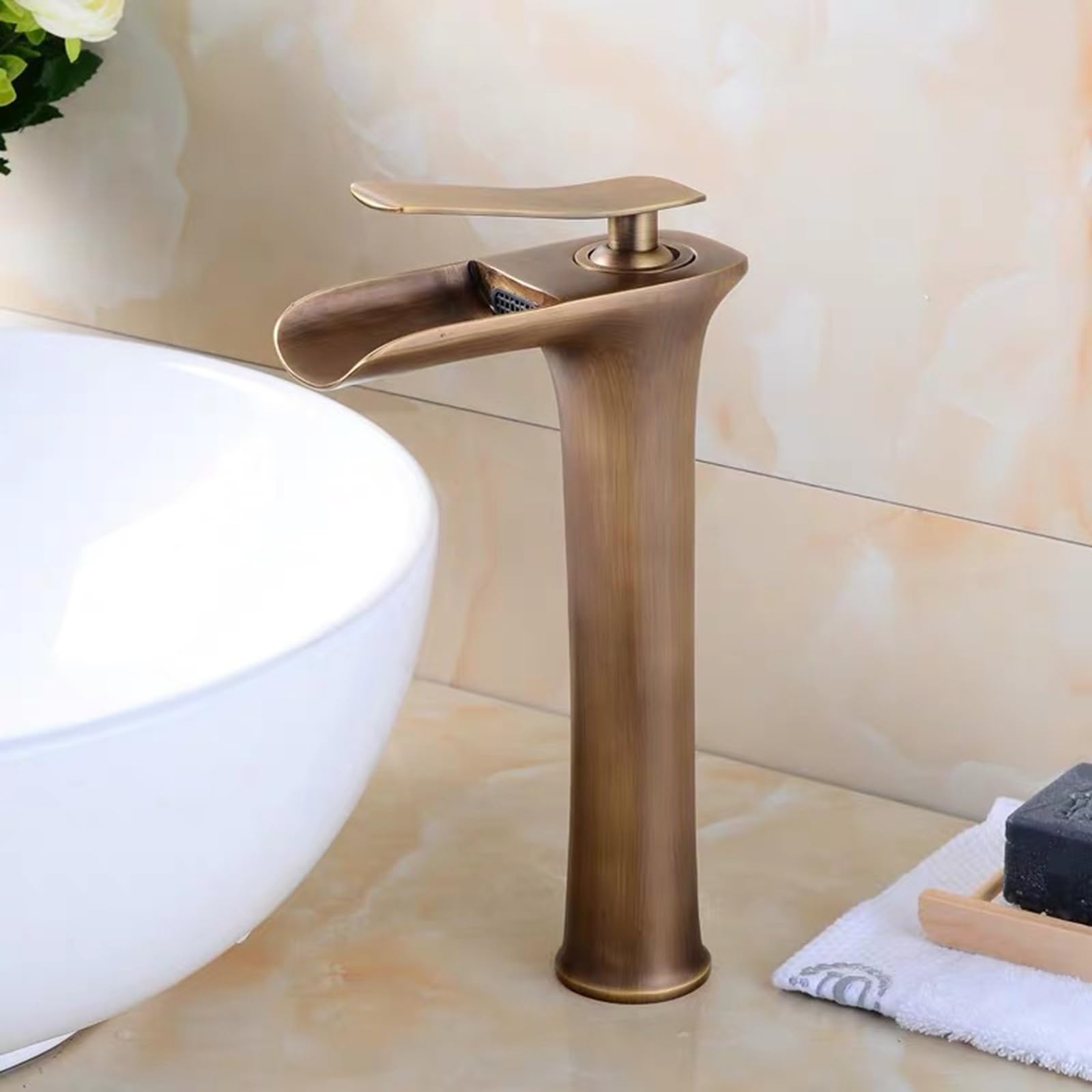 Grifo Mezclador para Lavabo de baño Antiguo, Grifo de un Solo Orificio en Cascada para construcción de latón de Alto Pecado, para decoración del hogar Ele y Functal
