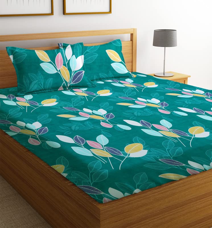 Image of BSB HOME Prime Collections 160tc Pure Microfiber Glace Cotton Breathable Supersoft Wrinkelfree Double Bedsheet with 2 King Size Pillow Covers-Green and Blue
