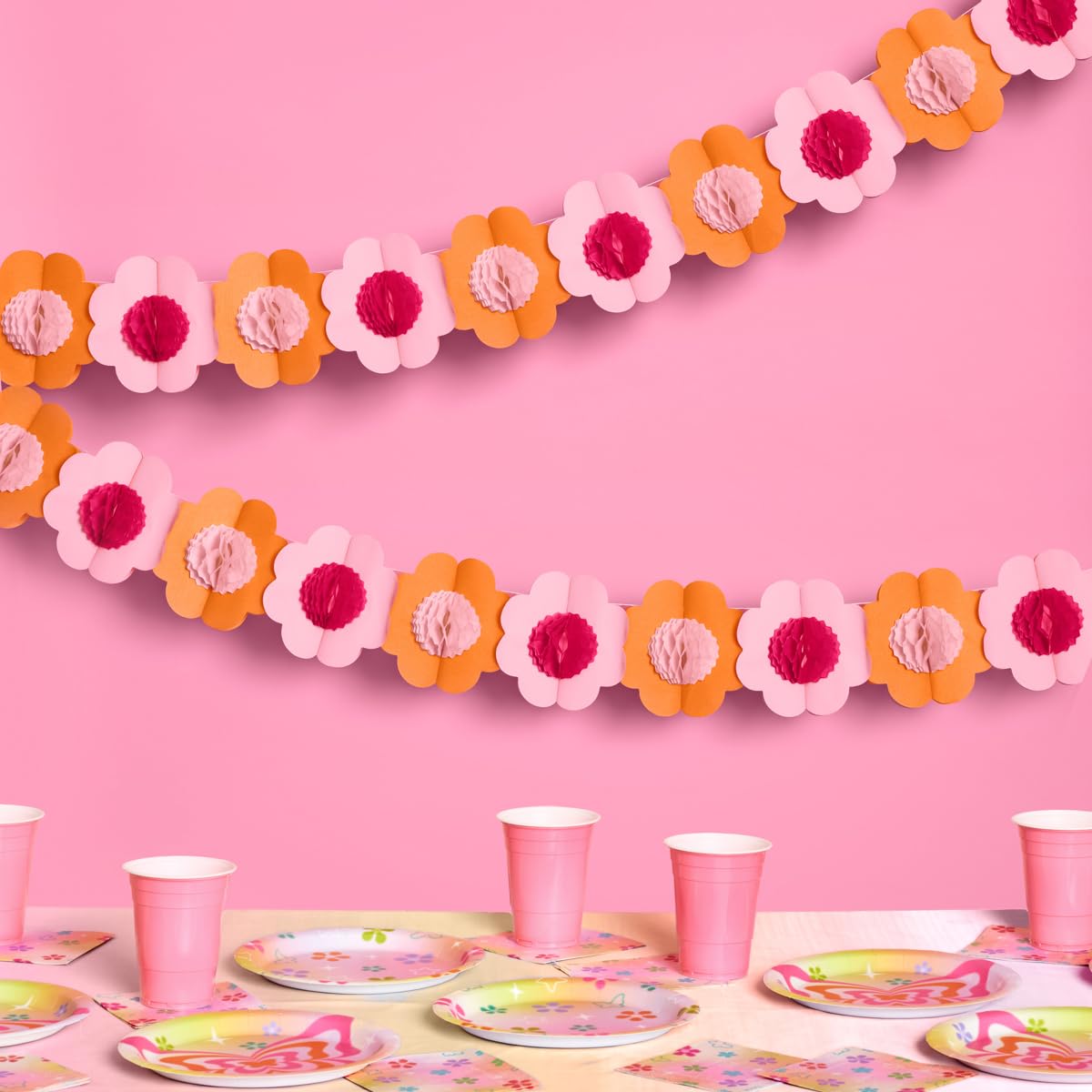 xo, Fetti Pink + Orange Groovy Paper Flower Garland - 10 Ft. | 3D 70s Kids Birthday Party Decoration, Cute Tissue Paper Bachelorette Supplies, Hanging