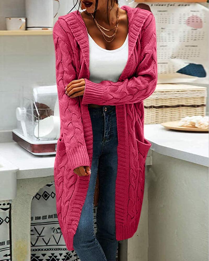 Strickjacke Damen mit Kapuze Langarm Grobstrick-Cardigan Open Front Sweater Herbst Winter Casual mit Taschen