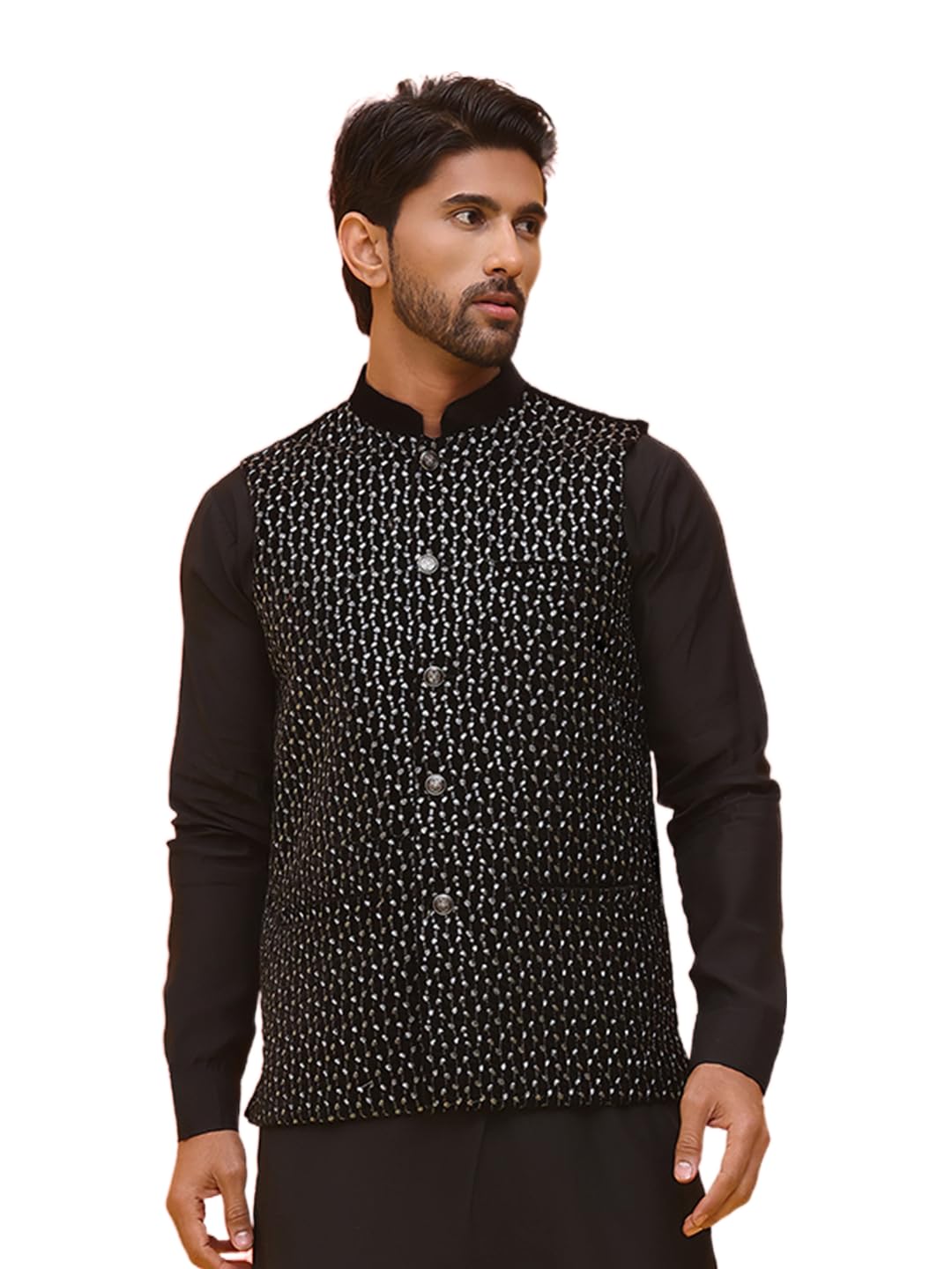 jompers Black Embroidered Velvet Nehru Jacket for Men (Black M)-picture-35