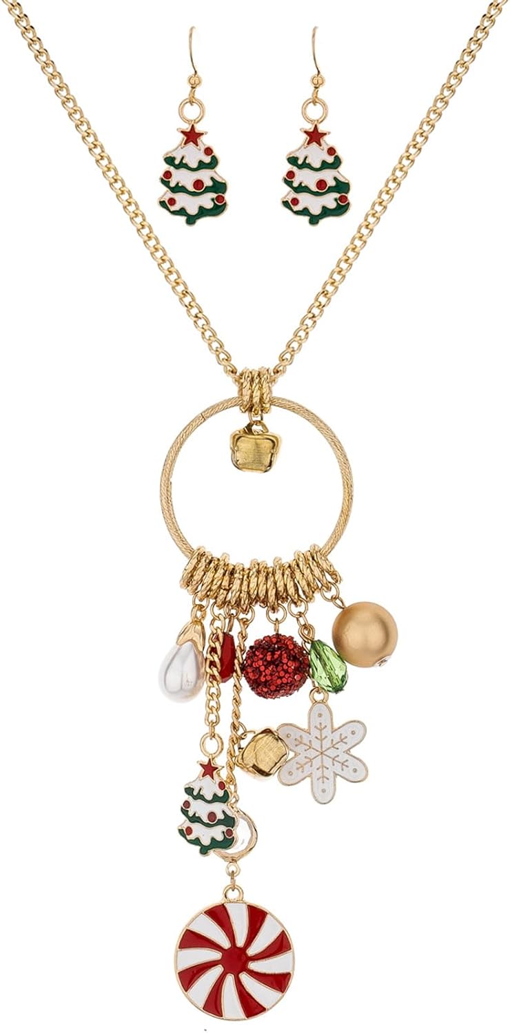 Christmas Neckalce Earrings Set for Women | Pink Xmas Tree Snowflake Snowball Snowman Bells Bow Neckalce Earrings Set | Holiday Xmas Party Jewelry Gift