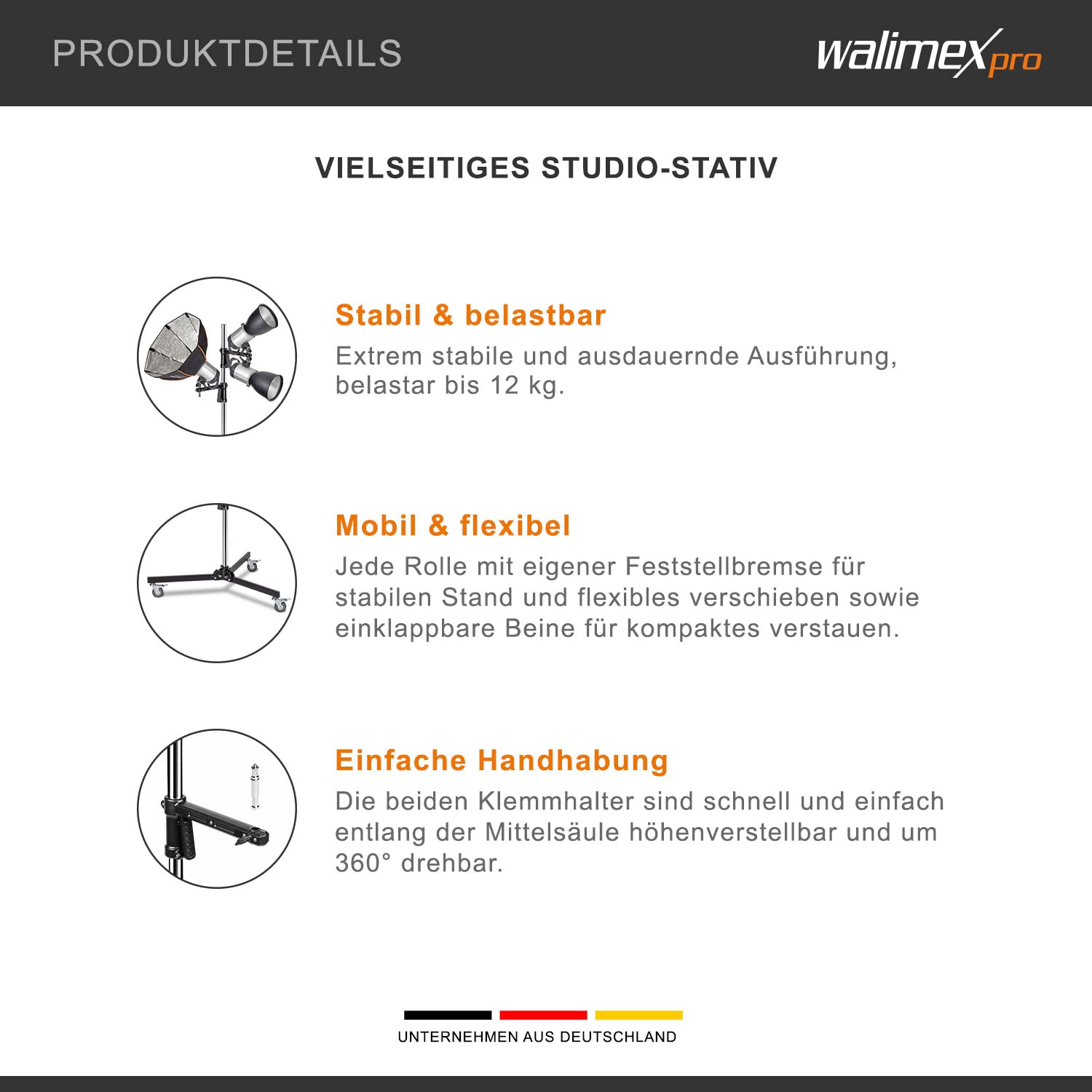 Walimex pro Rollstativ 223 cm, Blitzstativ belastbar bis 12 kg, Studiostativ mit zwei verschiebbaren Klemmhaltern, Lampenstativ mit stabilen Rollen ideal zur Befestigung von Studio-Equipment
