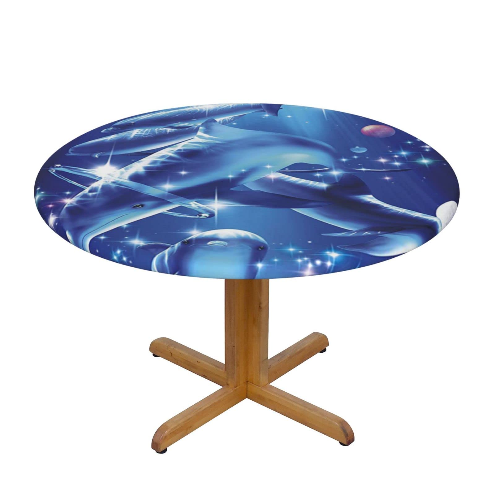 Lsjuee Round Fitted Tablecloth 45-50in Elastic Edged Table Cloth for Kitchen Dining Party Home Decor - Dolphin Bright Stars Galaxy