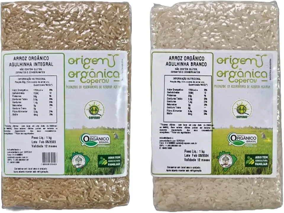 Kit 2 Arroz Orgânico Agulhinha Origem Orgânica: Branco, Integral