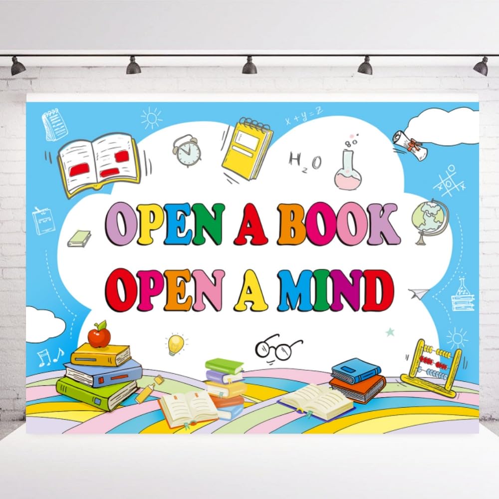 INRUI Reading Theme Photography Backdrop World Book Day Kids Students Library Classroom Party Decorations Banner (7x5FT)