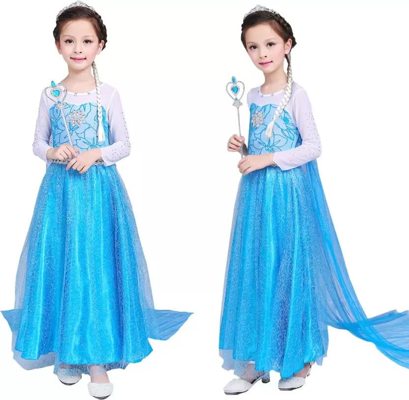 KAVI ECOM Frozen Princess Elsa Costumes for Girls Toddlers Fancy Dress Up with Wand, Gloves, Wig, Jewelry Set for Birthday, Party, Cosplay Costume for Girls (2-3 Years), Spandex,Polyester,blue (B0CSK2TKNM) Amazon Price History, Amazon Price Tracker