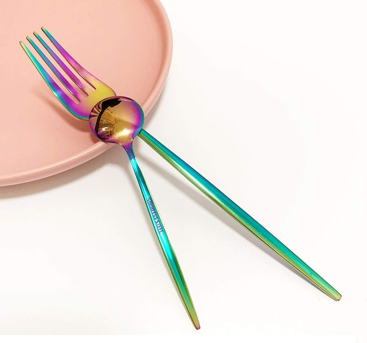 Rainbow Silverware Set, Puzhler 24 Pieces 304 Stainless Steel Flatware Cutlery Set with Gold Wooden Box, Knife Fork Spoon Flatware Sets, Mirror Finish, Smooth Edge, Service for 6