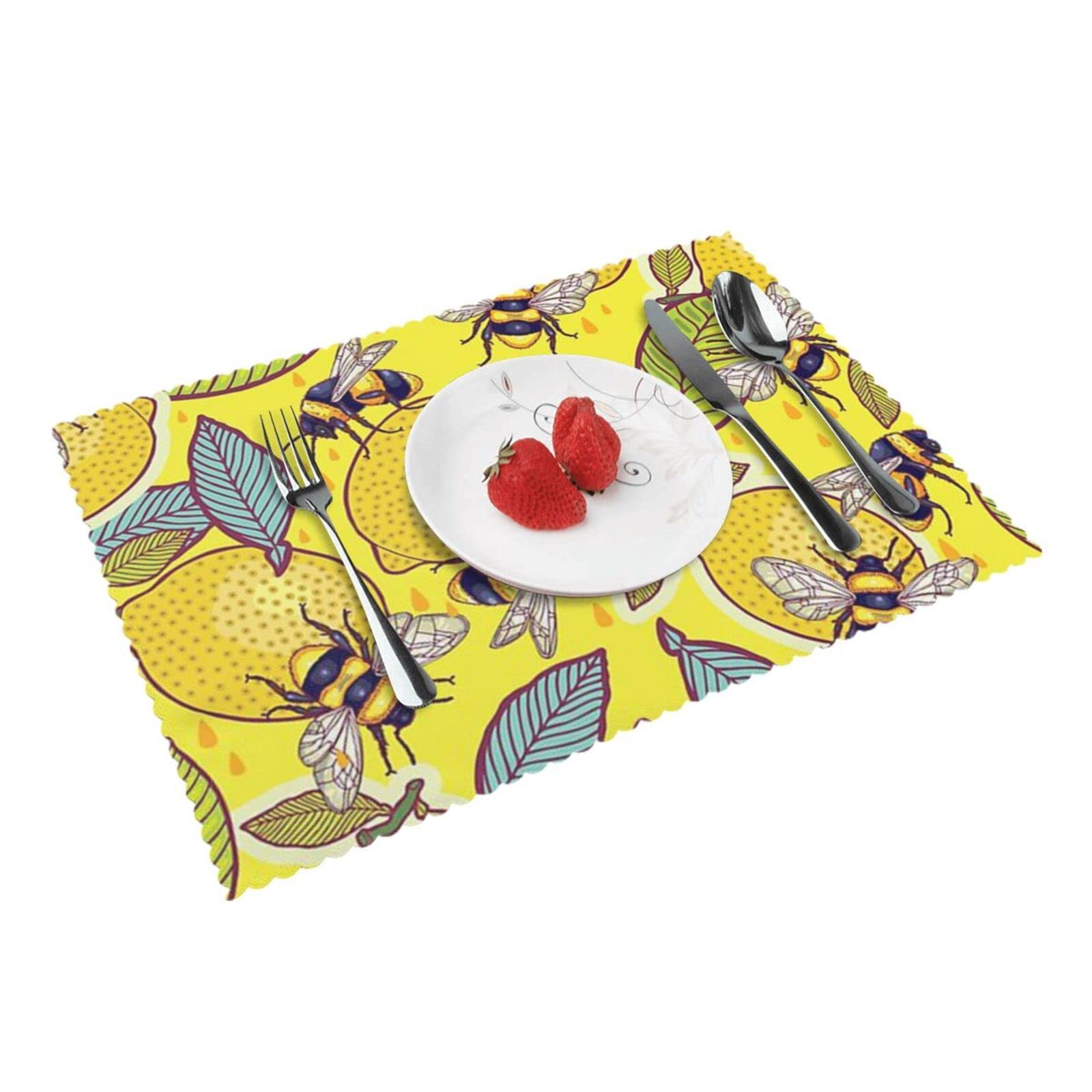 Bnvsadc Yellow Lemon And Bee 4 Pcs Heat Resistant Placemat 45X30 Cm, Printed Non-Slip Place Mats For Kitchen Dining Table Indoor Outdoor