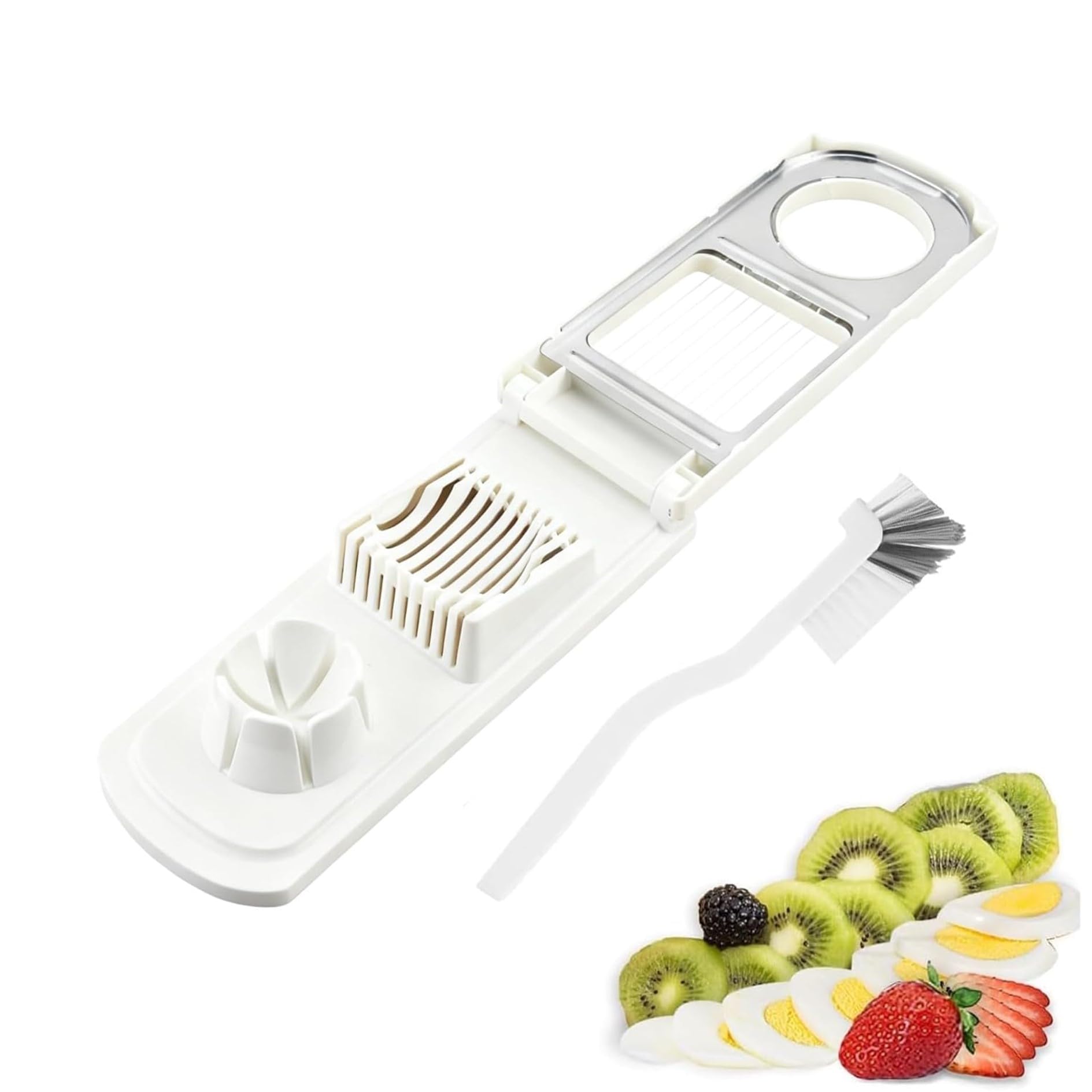 Doyime 2-in-1 Egg Slicer Boiled Egg Slicer Egg Slicer with 6 Rings, ABS & Stainless Steel Cleaning Brush Heavy Duty Kitchen Tool Dishwasher Safe for Egg, Salad, Sandwich Slicing Various Fruit (White, 