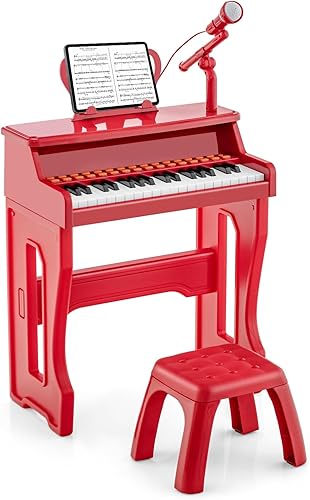 Miniatura 9 de HONEY JOY Piano para niños, piano de teclado rojo de 37 teclas para niños con soporte de música y banco, piano de cola de bebé de juguete con